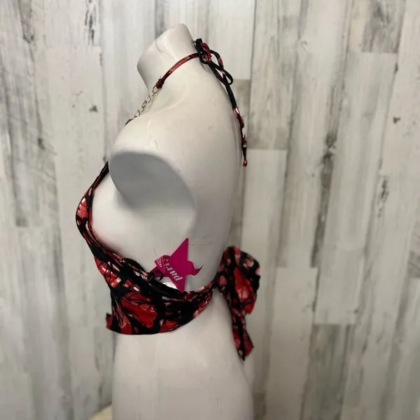 Meraki Red & Black Abstract Halter Top Small Gold Chain Neck Tie Back - Image 2