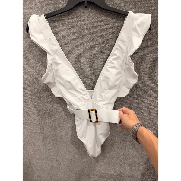 Unbranded Women Swimsuit Small White Ruffle Deep V-Neck Belted One Piece - Image 3