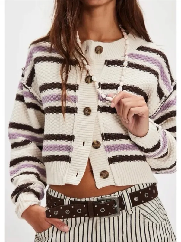 Free People Lila Stripe Cardi Cardigan Sweater in Lavender Ivory Combo Size XL - Image 4