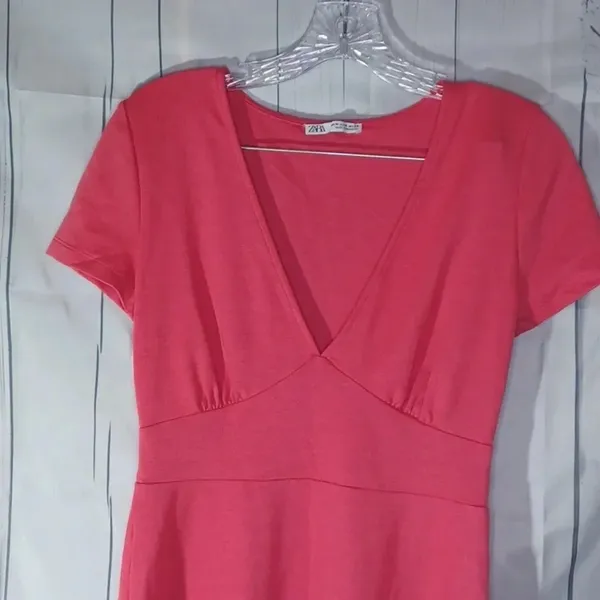 Zara Pink deep v-neck Short-Sleeve Coquette Feminine fit and flare dress - Image 7