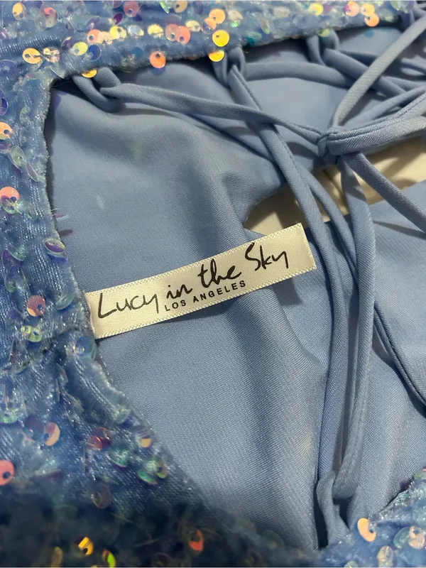 Lucy in the Sky Blue Sequin Bodycon Mini Dress Lace Up Back Medium - Image 5