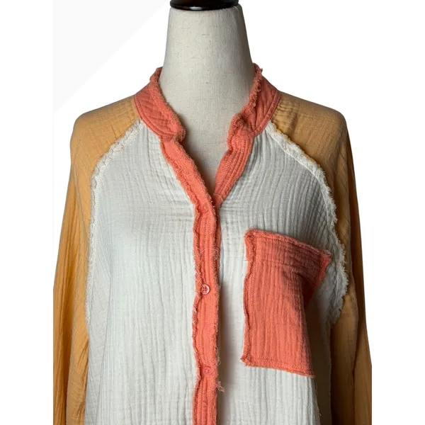 Aerie‎ Gauzy Coverup Shirt Women Small Mango White Colorblock Cotton Oversized - Image 4
