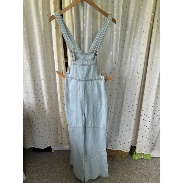 Free People 70s 100% Cotton Light Wash Wide Leg Denim Overalls Jumpsuit 27 - Image 3