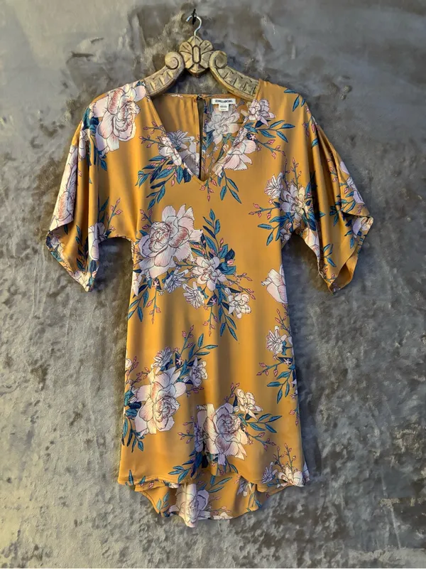 Vintage Billabong Mustard Floral V-Neck Midi Dress Women’s Size M - Image 3