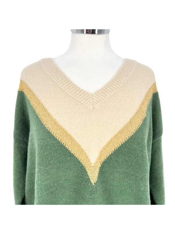 Aaron & Amber Chevron V-Neck Sweater Cabincore 70s Retro Beige Gold Green Medium - Image 2
