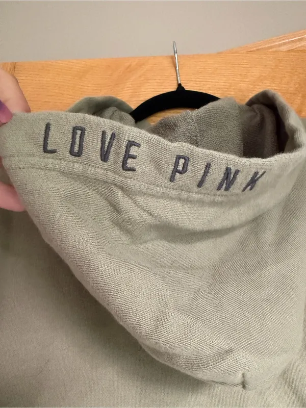 VS PINK Olive Green Lace Up Sleeve Cropped Hoodie Sweatshirt Women’s Size XS - Image 5