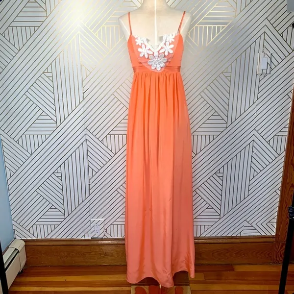 Amanda Uprichard Maxi Dress Sleeveless Embroidered Floral Silk Orange Size‎ XS - Image 3