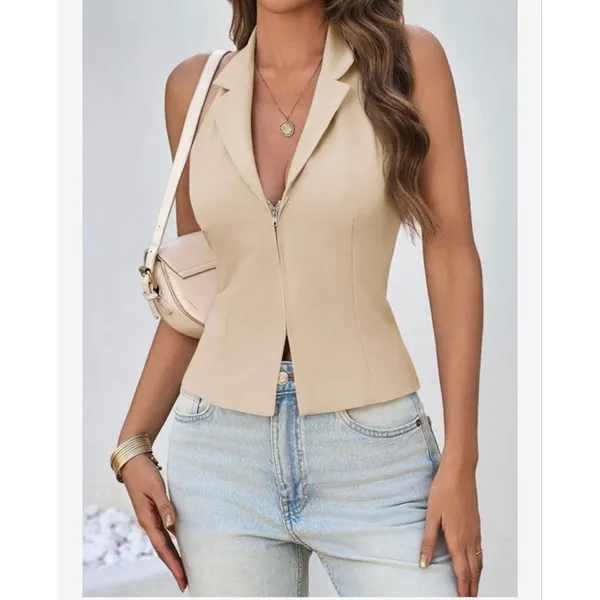 NEW Halter Blazer Vest Deep V Neck Zip Up Backless Smocked Waist M - Image 7