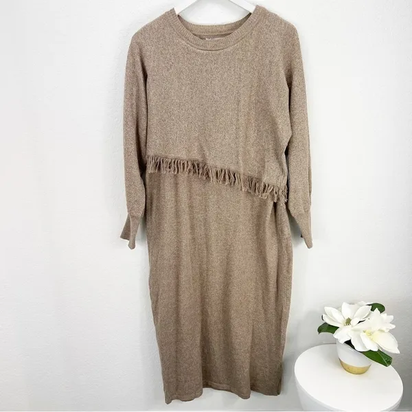 STITCHDROP Fringe 2 in 1 Sweater Dress Midi Fringe Branch Tan Size XL NWT - Image 3