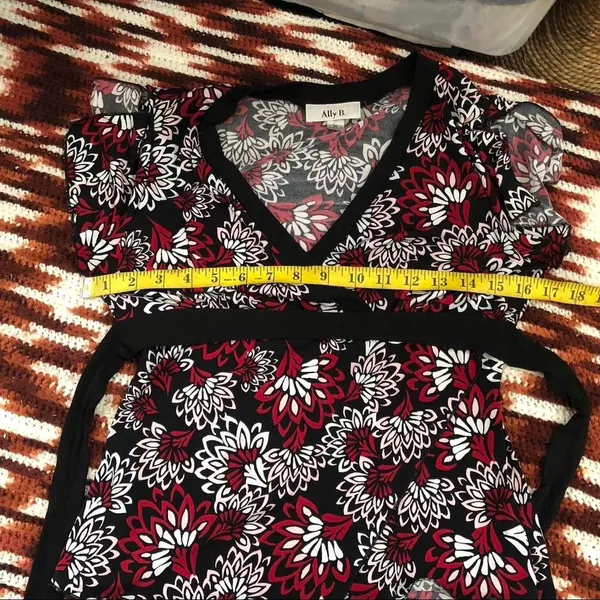 Y2K Vintage Whimsygoth Wrap Top Belted Babydoll V-Neck Blouse Shirt Floral Asymmetrical Hem Short Sleeve USA Made Red White Black-M Measurement in pics Great condition - Image 6