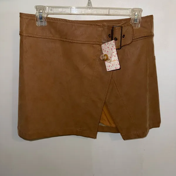 NWT $88 Free People Ari Camel Vegan Suede Buckled Wrap Mini A-Line Skirt 8 - Image 6