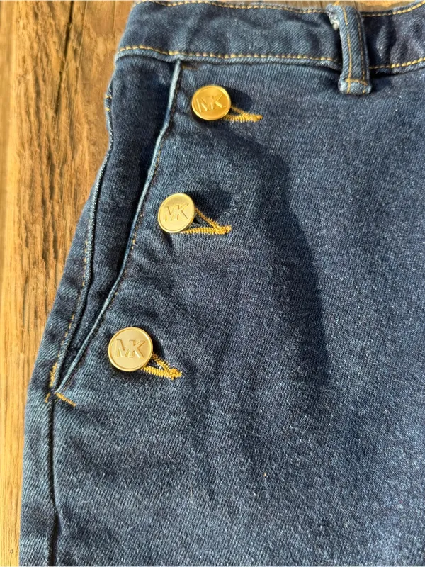 Michael Kors Denim Mini Skirt Women’s Size 6 Dark Wash Sailor Gold Button - Image 2