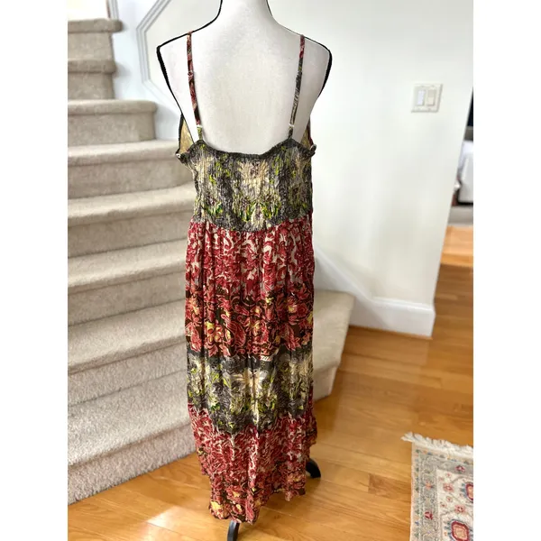 Source Unknown Vintage Boho Red, Yellow & Grey Paisley Floral Shirred Tiered Midi Dress - Image 2