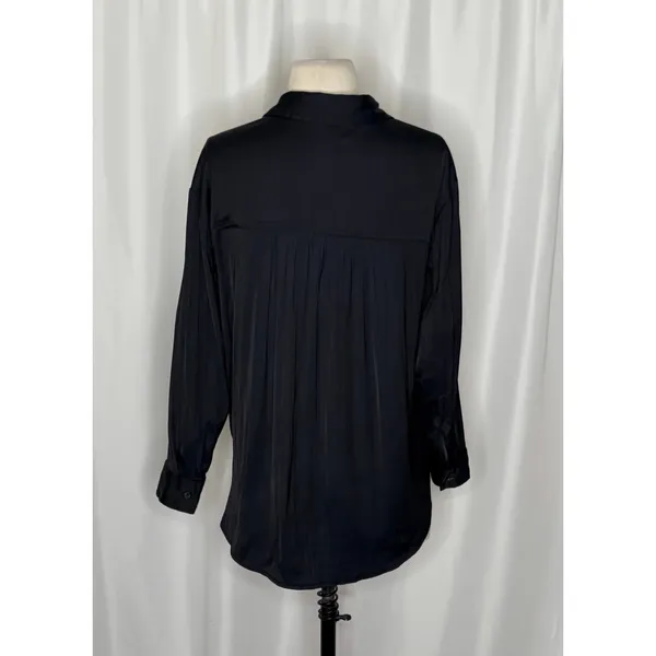ANTHROPOLOGIE Black Satin Button Down Shirt Blouse Top Pockets Solid Small - Image 8