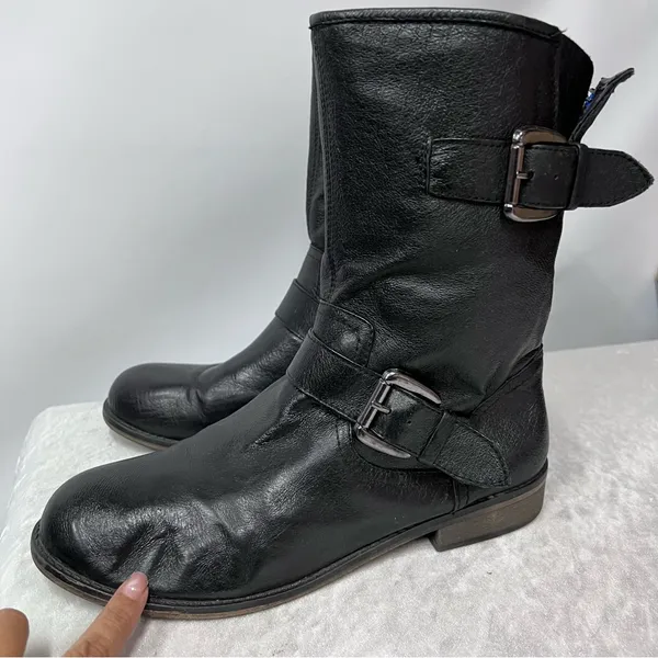 Steve Madden Temmpt Black Leather Mid Rise Boots 8M moto back zipper - Image 12