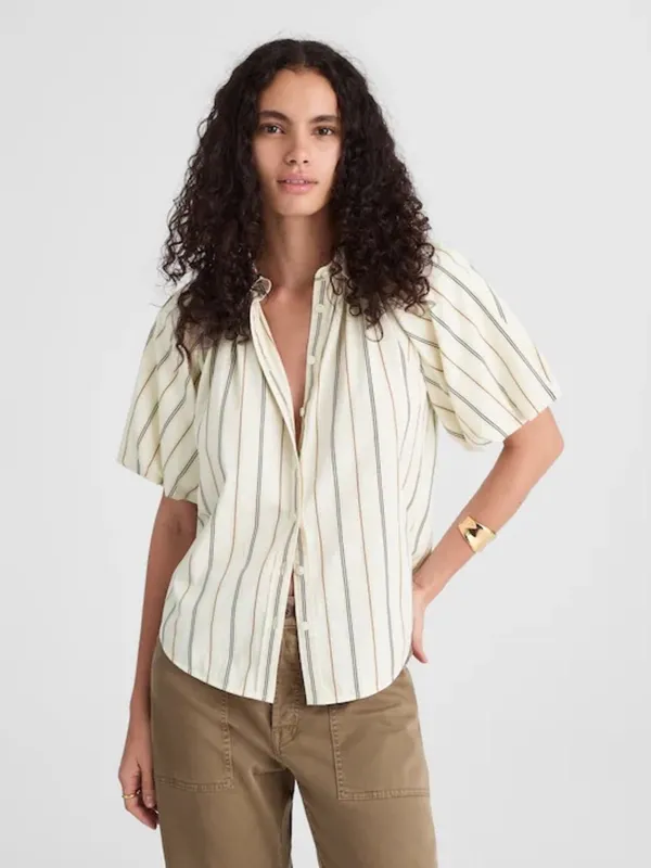 NWT Madewell Striped Puff Sleeve Button Front Blouse Medium Cotton Top - Image 2
