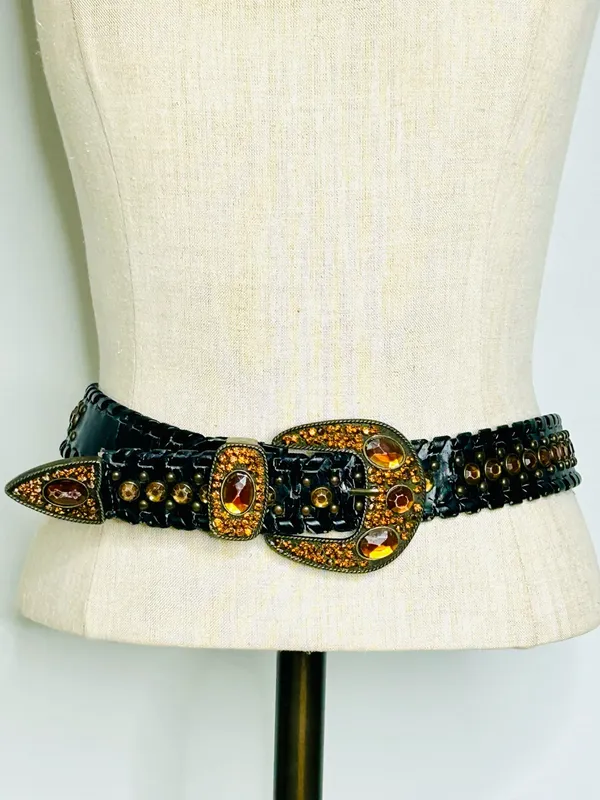 Western Rhinestone Whipstitch Belt with Orange Stones and Black Faux Leather - Image 3