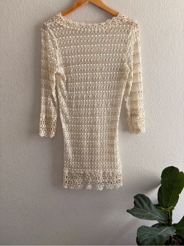 Solitaire Swim by Anthropologie Cream Crochet Swim Coverup Y2k Vintage Gold Shimmer M - Image 5
