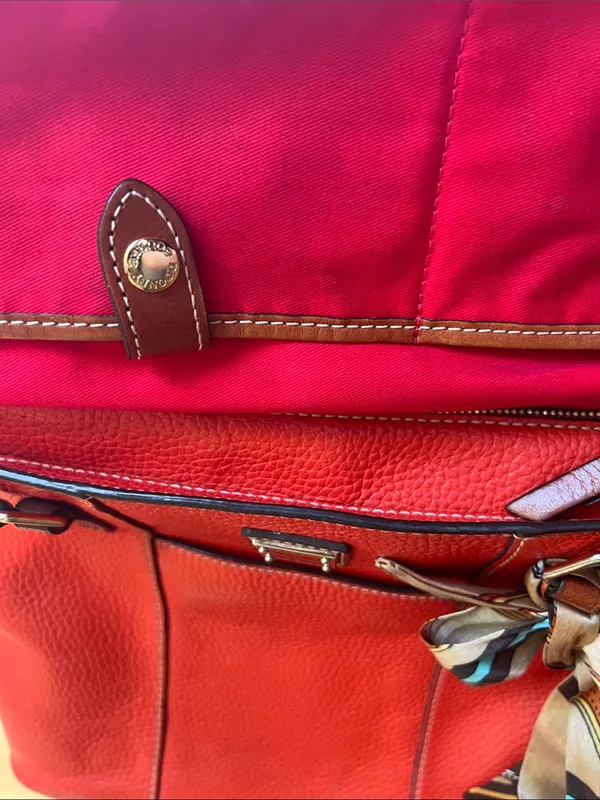 Dooney & Bourke Orange Pebble Leather Tote with Contrasted Straps & added tie - Image 9