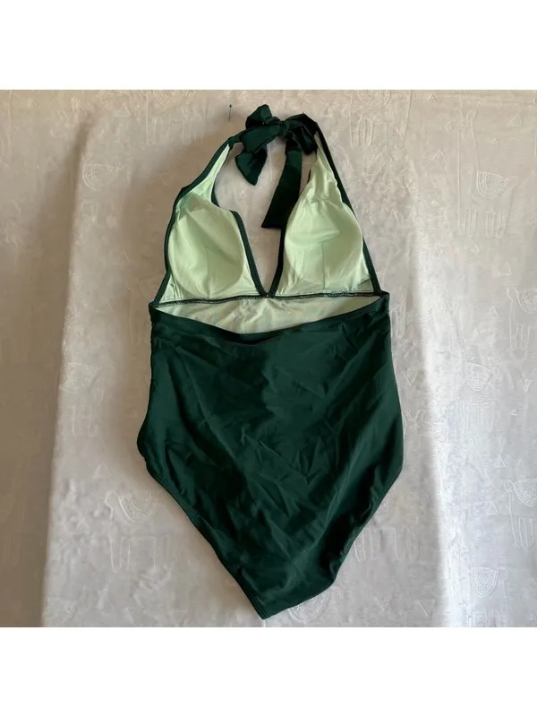 Cupshe NEW Women's Green Ruched Halter Top Swimsuit Swimwear Size Large #26034 - Image 7