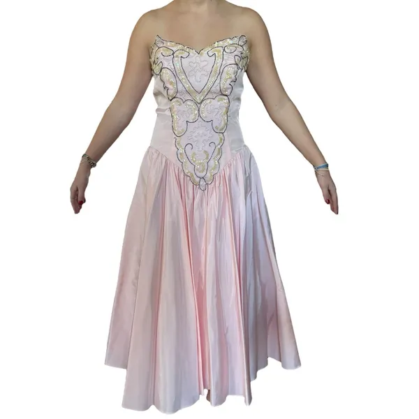 1980s ZUM ZUM Pink Strapless Beaded Sweetheart Prom Dress – ILGWU USA small - Image 5