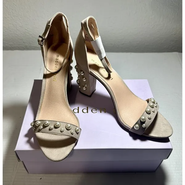 Madden Girl Block Heels Women 9 Bitsyy Blush Suede Faux Pearls Wedding Prom New - Image 2