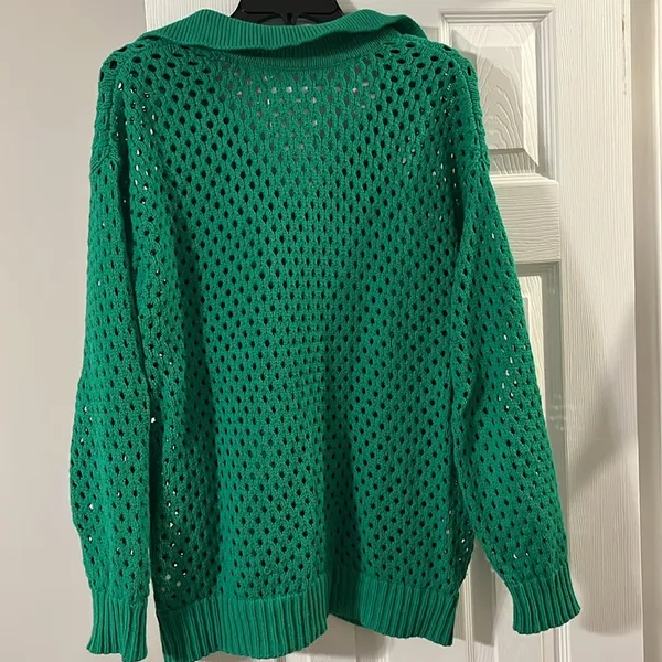 Aerie Kelly Green Open Knit Polo Sweater Sz M - Image 2