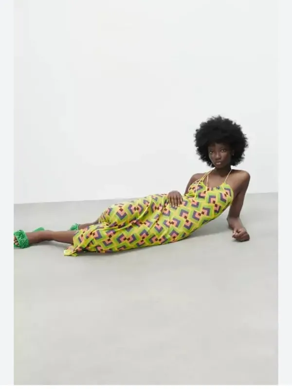 Zara Yellow Green Pink Geometric Slip Maxi Dress - Image 2