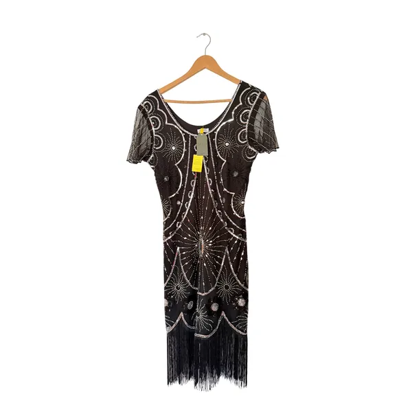 Yessa Flapper Dress Women L Black NEW 1920s Gatsby Sequin Fringe Art Deco Party - Image 2