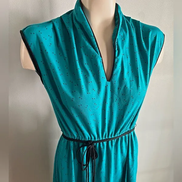 Vintage 70s Teal Mod Dress Abstract Print Cinched Waist Small - Image 11