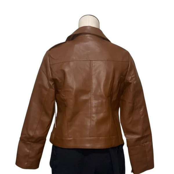 NWT Nicole Miller New York Faux Leather Motorcycle Jacket In Cognac Medium - Image 4