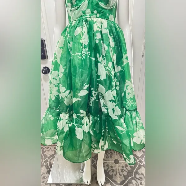 Selkie Strapless Green Floral Midi Dress Size X-Small Retail $325 P-48 - Image 9