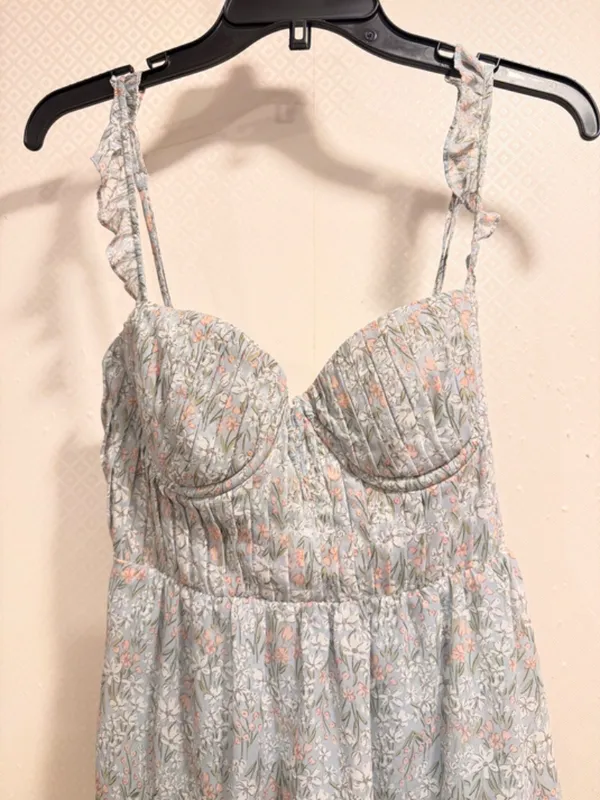 ASTR Pale Blue Floral Tiered Sweetheart Maxi Boho Dress Flutter Straps Size S - Image 6