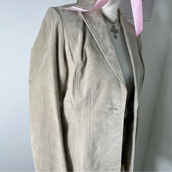 American Vintage Vintage 90s Cream Beige Genuine Leather Suede Button‎ Blazer Coat Womens Medium - Image 3