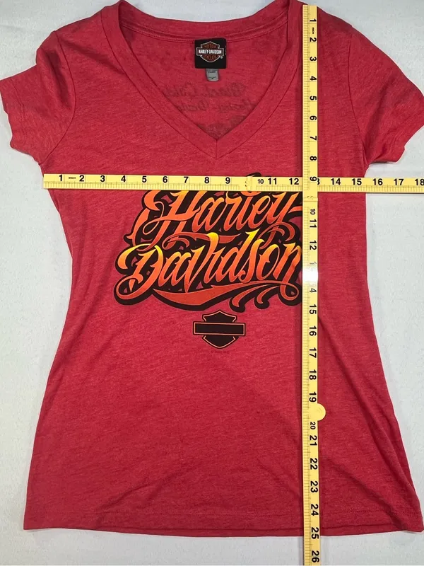 Harley Davidson Black Gold Allen TX Flame Script Women’s V-Neck Shirt Medium - Image 8