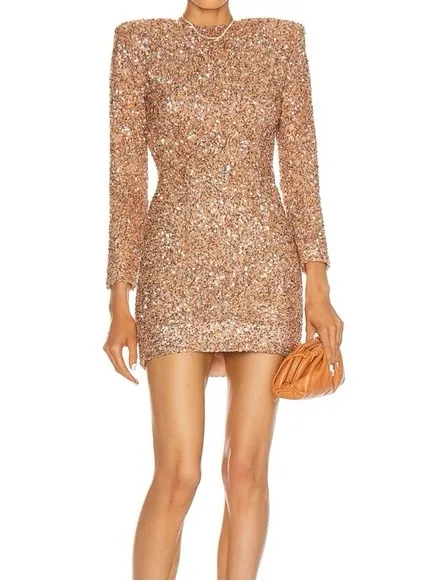 Retrofete Bronze Rose Gold Sequin Long Sleeve Nikki Mini Dress Evening Party - Image 10