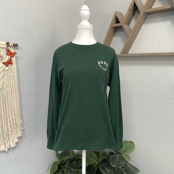 Vans Green Long Sleeve Floral Skulls Spell Out Graphic Shirt Classic Fit - Image 4