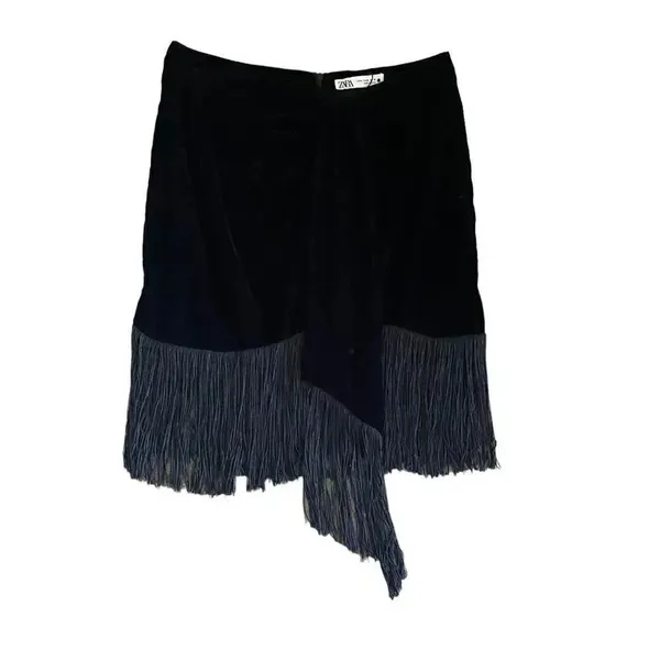 NWT Zara Women Black Fringed Velvet High Waist Ruched Front Detail Mini S #1140 - Image 4
