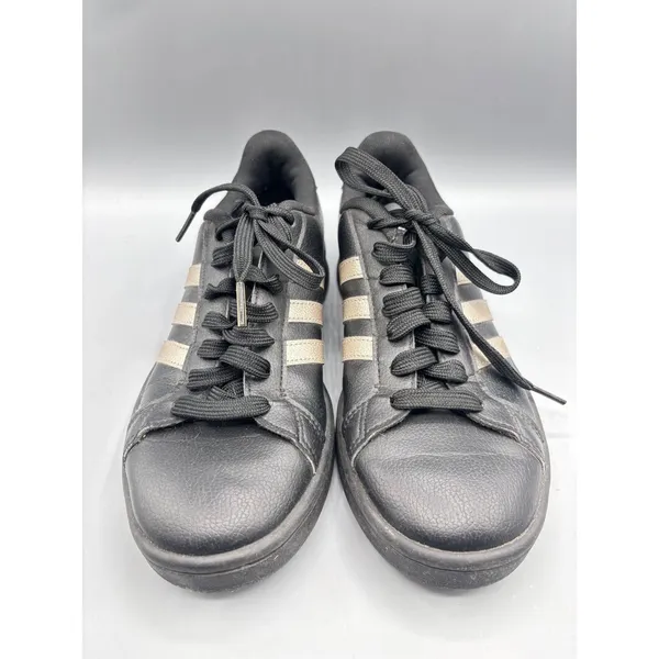 Adidas Womens 7 Sneakers Black Gold Stripes Lace‎ Up Shoes Casual Workout Gym - Image 2