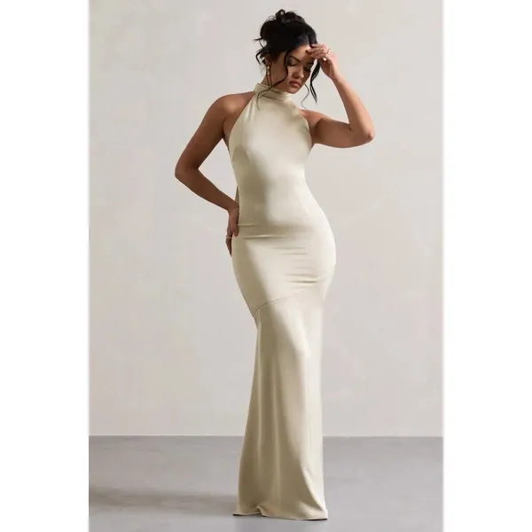 Club L London Adoria Champagne Satin High-Neck Maxi Dress Size 6 - Image 2