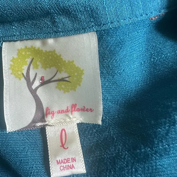 Fig and Flower Anthropologie Boho Floral Teal Shirt Embroidered Roll Tab - Image 9