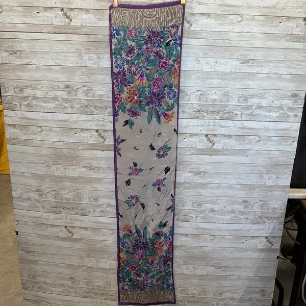 Vintage 80s Oscar de la Renta Silk Scarf Fringe Floral Purple & Teal Japan 52x11 - Image 2