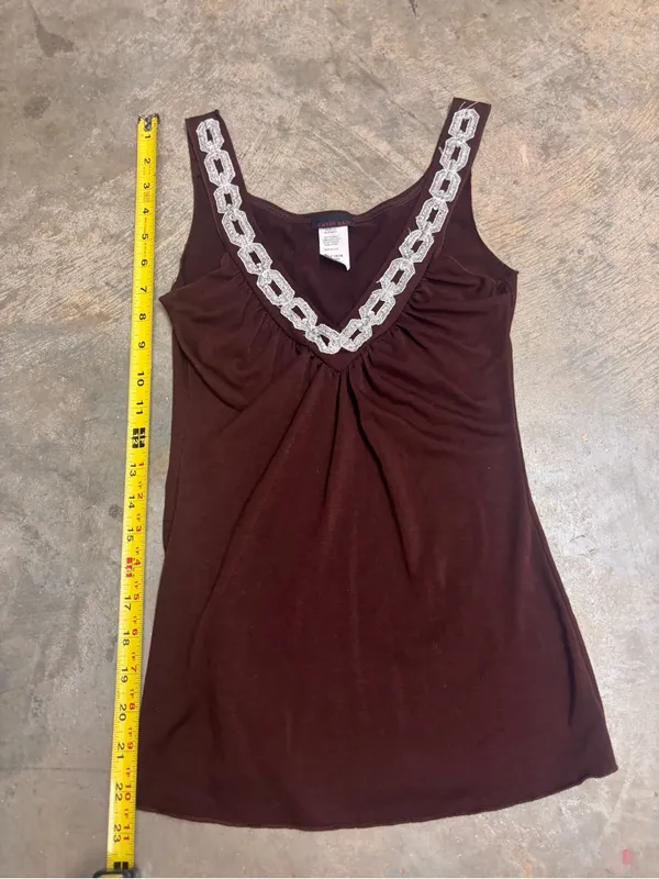 Candy Rain Chocolate Brown Y2K Tank Top Sequin Chain Neckline Womens Small - Image 4