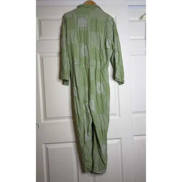 Native Youth Green Jumpsuit Hippie Distressed Patchwork Artsy Floral Celestial - Image 3