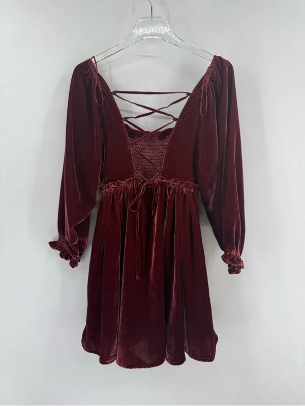 Free‎ People Daphne Burgundy Wine Velvet Babydoll Mini Dress size xs - Image 4
