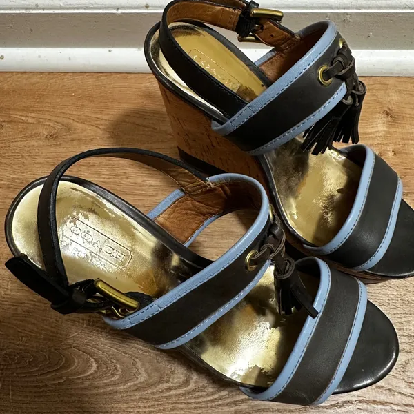 Coach | Women's Brown Blue Leather Tassel Cork Platform Wedge Sandals, 6.5B - Image 5