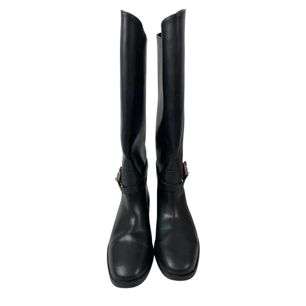 H&M Women's Black Strap Round Toe Low Block Heels Knee High Riding Boots 38 US 7 - Image 2