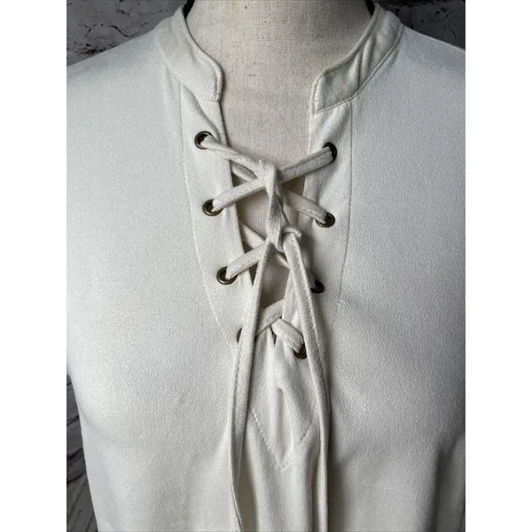 White Crow Womens‎ Shirt Sz M Ivory Faux Suede Lace Up Boho Soft Casual - Image 3