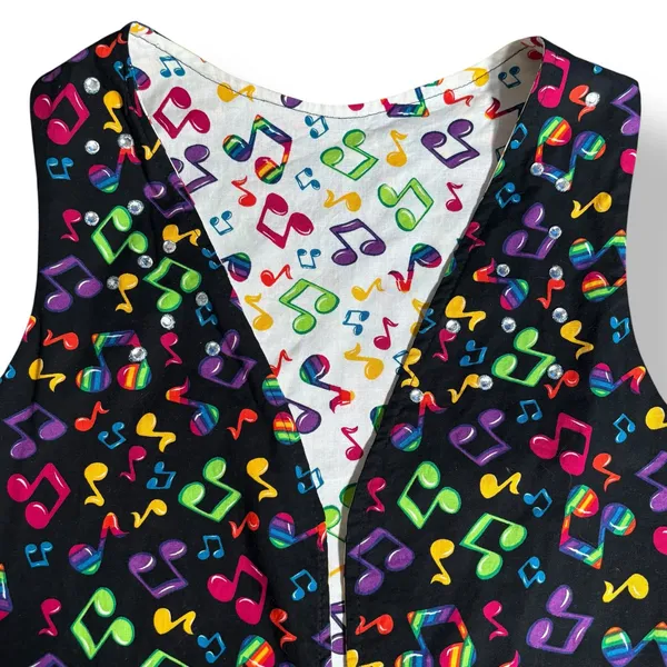 Vintage Handmade Reversible‎ Rainbow Music Note Vest Black White Colorful Notes Size M - Image 3