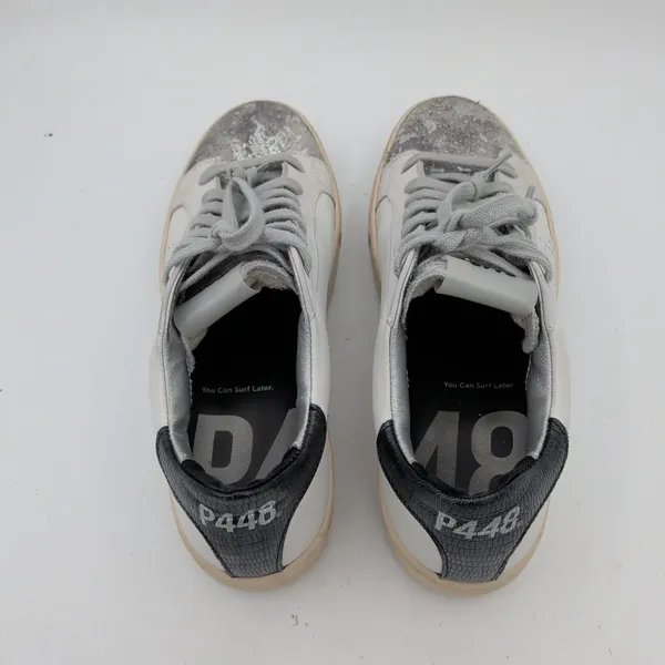 P448 Womens Thea Platform Sneakers White Silver Distressed Leather Italy Size 38 - Image 6